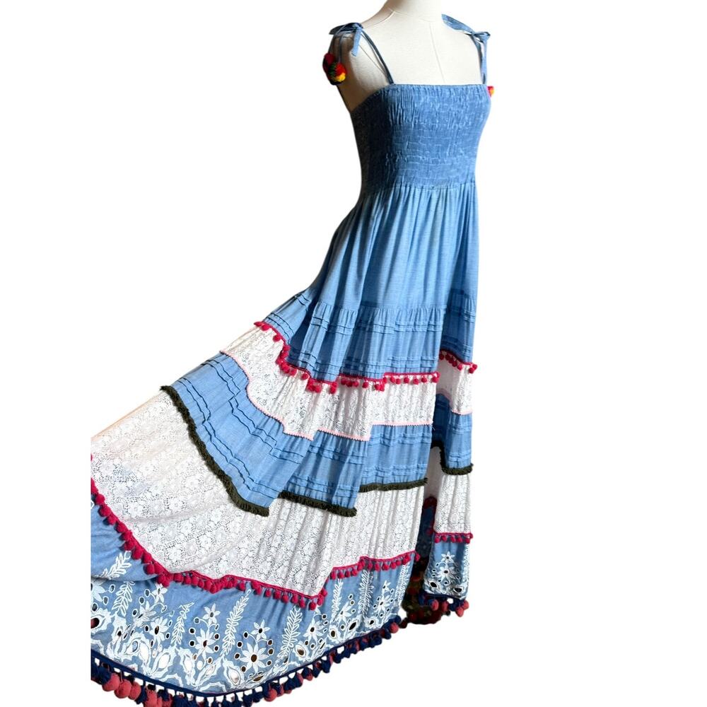 Blanco de Ibiza Boho Maxi Dress S Smocked Cotton Lace Pom Pom Tiered Blue Dress - Picture 8 of 11